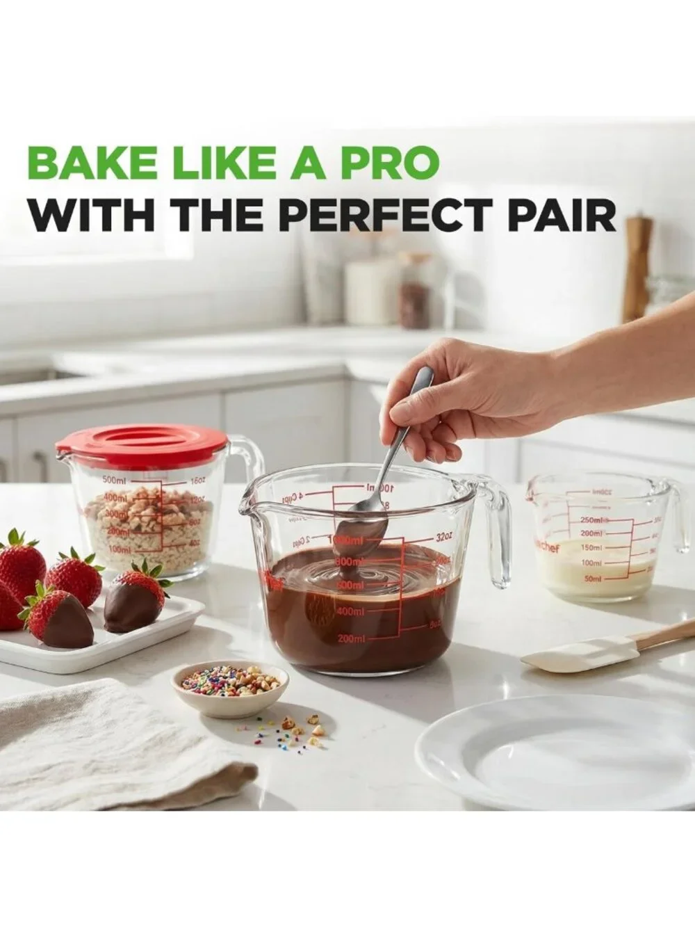 Set of 3 Heat-Resistant Glass Measuring Cups with Lids - Easy-Read Scale for
